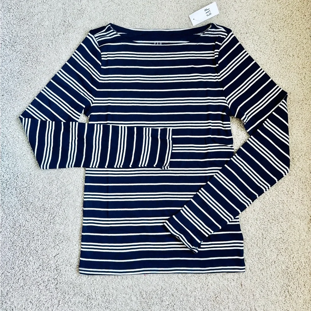 gap navy blue and white striped ribbed boatneck long sleeve t-shirt - Picture 4 of 13